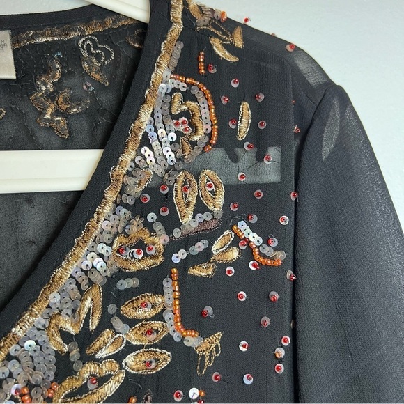 Chico's Uniquely Embellished Beaded V Neck Pullover Blouse Top Sz L Black Boho - Picture 5 of 11